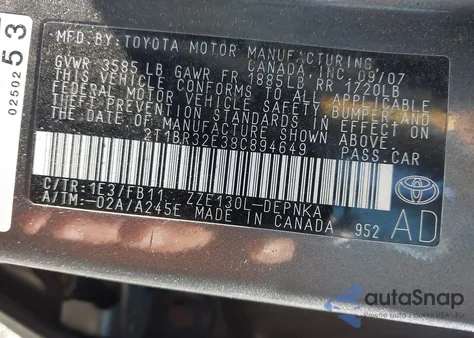 2008 Toyota Corolla Le из США, поврежденный, VIN 2T1BR32E38C894649